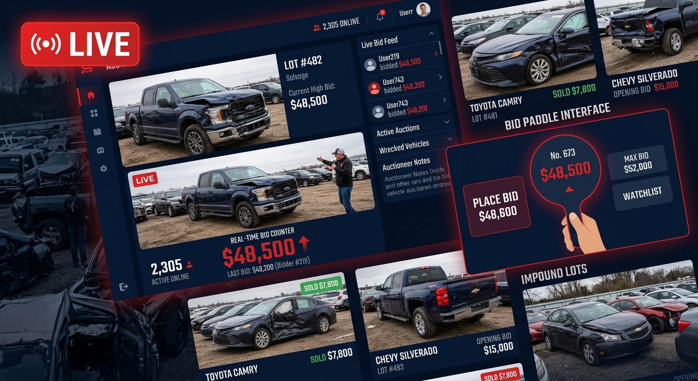 Live online bidding on salvage trucks and impound vehicles