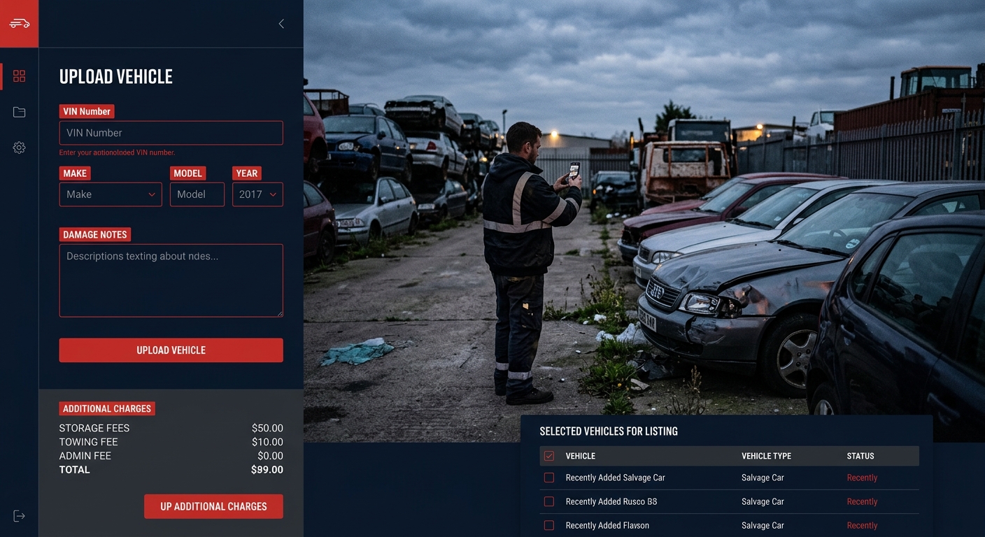 Tow lot worker photographing a salvage vehicle for listing