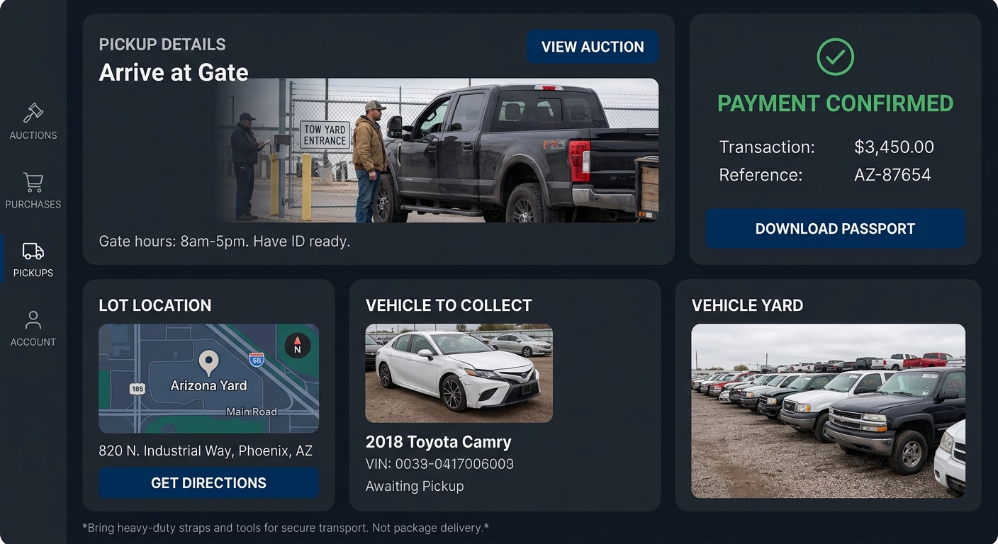 Payment confirmed and vehicle pickup at Arizona tow yard